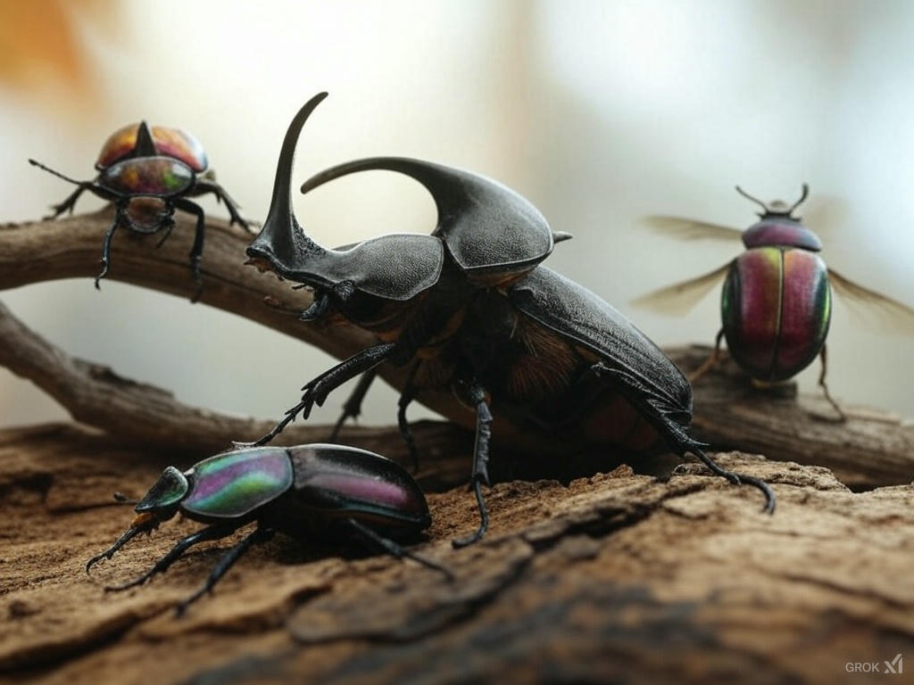 Rhino (single horn), stag (antler jaws), and Hercules (massive size) beetles in a vibrant, colorful lineup on wood, perfect for beetle-keeping beginners!